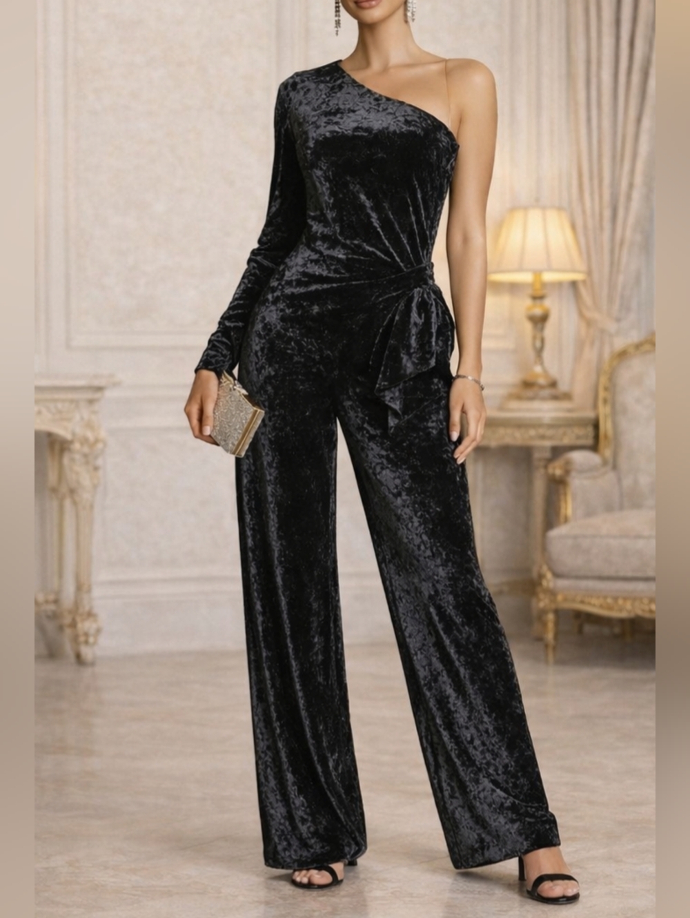 Black Halo Eve Black Velvet One Shoulder Jumpsuit NWT Size 10 MSRP $525